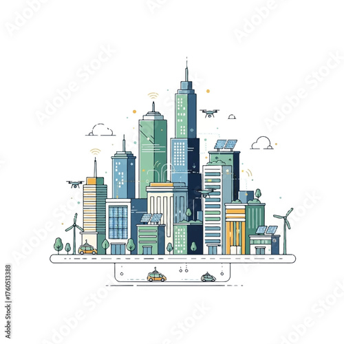 Cityscape of Future: Futuristic metropolis with sleek, modern skyscrapers powered by renewable energy, symbolizing sustainable urban development and technological advancement.