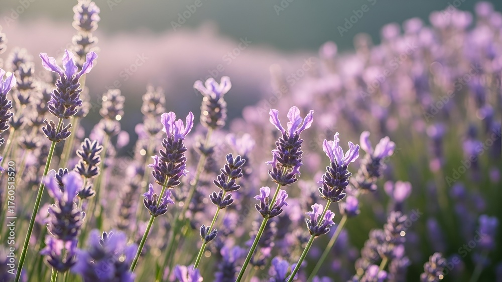 Fototapeta premium Lavender Field in Bloom with Soft Natural Lighting and Vibrant Purple Flowers