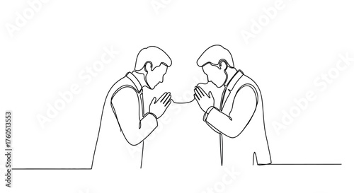 Continuous line drawing of two businessmen facing each other with hands clasped in greeting or