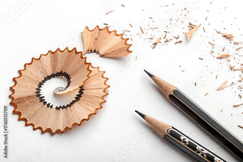 Sharpened pencils with wood shavings on a white background