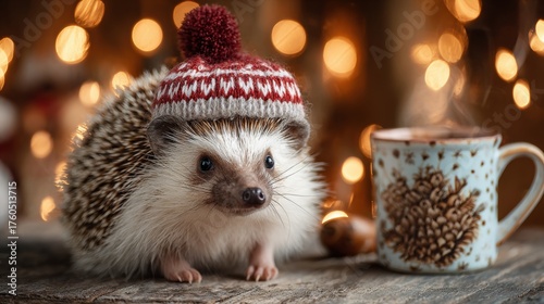 Adorable hedgehog wearing a cozy winter hat enjoys a steaming cup of coffee amidst sparkling holiday lights, creating a heartwarming festive scene