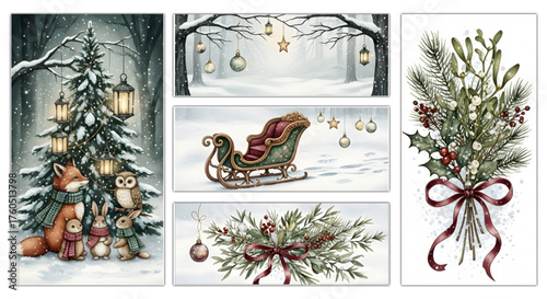 Whispers of Winter watercolor gothic Christmas labels featuring enchanted snowy forests, mystical candles, and hidden magical holiday charm.