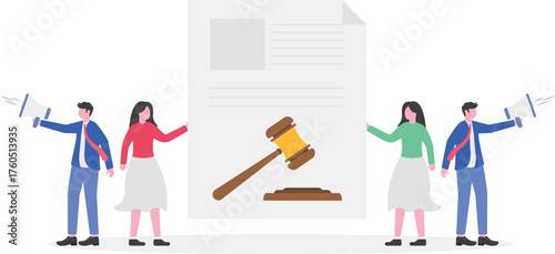 A group of businessmen and businesswomen walking towards a gavel for a protest,
