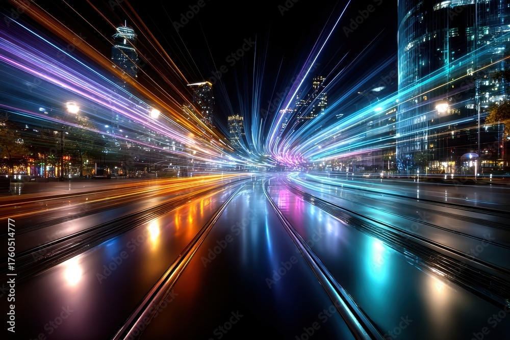 Obraz premium City at Night with Light Trails and Reflections