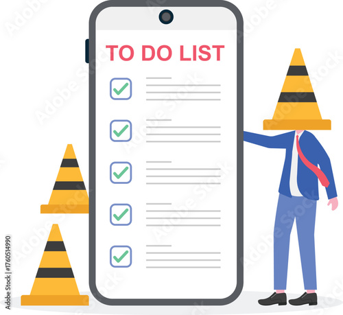 A businessman's head is trapped in a traffic cone while holding a to-do list near a hole,
