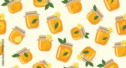 Sweet jars of citrus fruit jam with mint leaves and lemon slices.