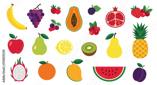 A colorful assortment of fresh tropical and common fruits is depicted.