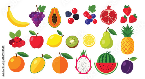 A delightful collection of pixel art fresh fruits and berries.