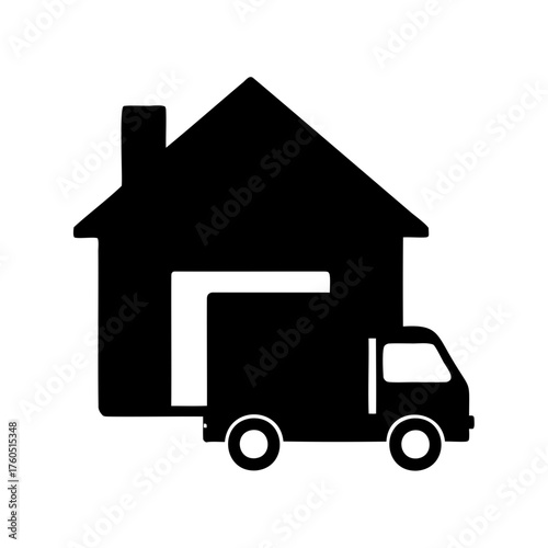 Black and white icon of a moving truck carrying a house structure