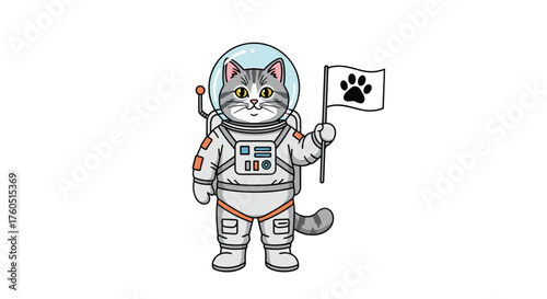 A cat astronaut exploring the universe with a paw print flag.