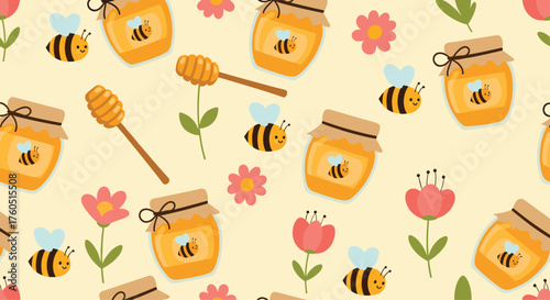 Sweet bumble bees and jars of honey with flowers.