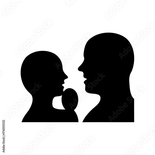 Silhouette of two individuals facing each other in a black and white design