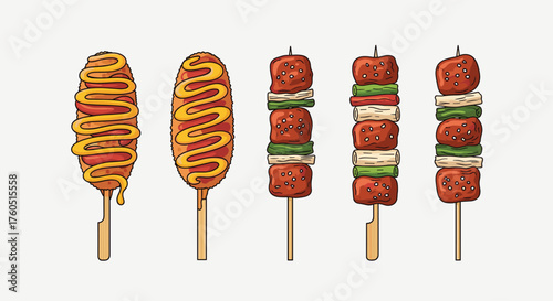 Delicious fried corn dogs and meat skewers on sticks.