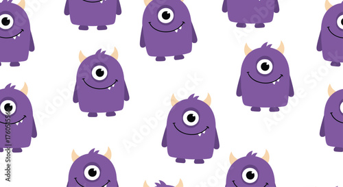 A seamless pattern of cute purple one-eyed monsters.