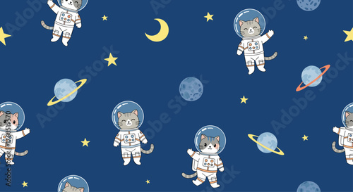 Cute cats in space wearing astronaut suits and floating amongst planets and stars.