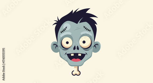 A funny cartoon zombie head with stitches and a bone.