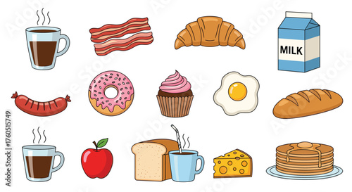 A collection of various breakfast items and drinks for a delicious morning meal.