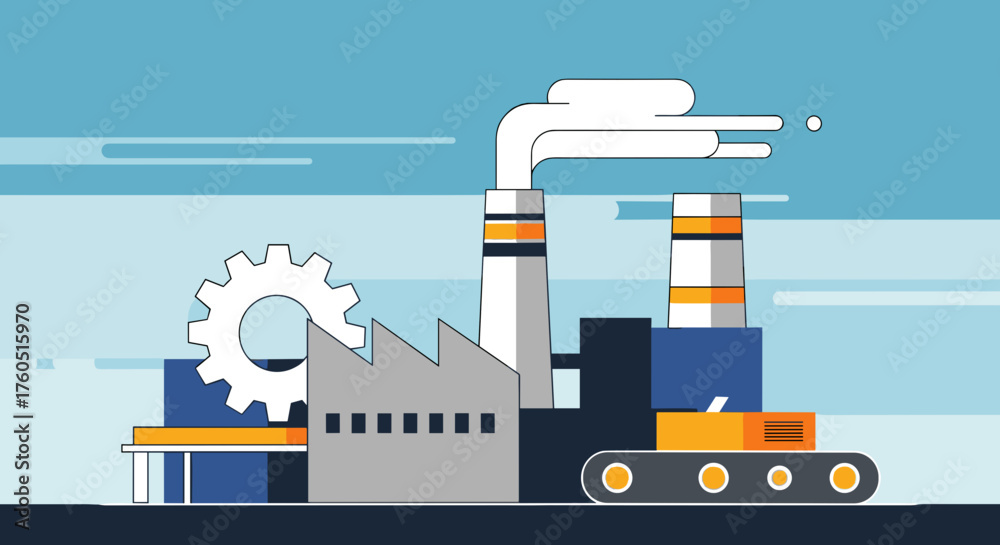 Naklejka premium Stylized illustration of an industrial factory complex with smokestacks production line and gear symbol