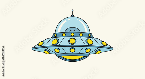 A cartoon drawing of a flying saucer with lights and a dome.