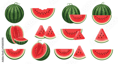 Collection of fresh watermelons and slices in various arrangements.