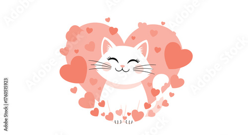 A cute white cat surrounded by a heart shape and small hearts.