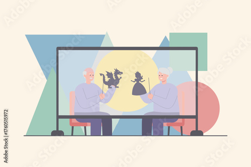 Happy senior couple performing a shadow puppet show with dragon and princess Storytelling leisure creativity