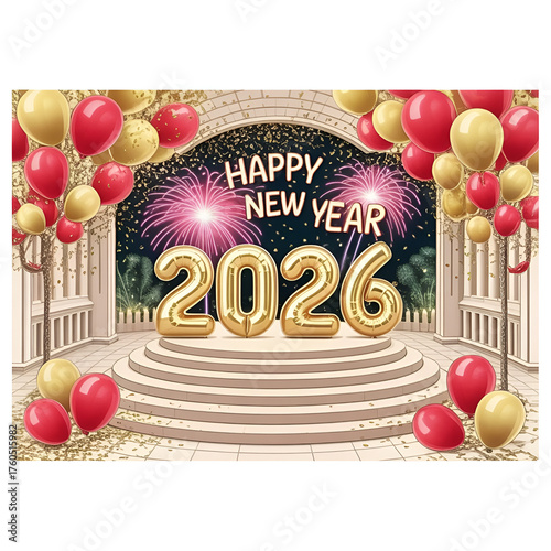 Sparkling 2026 New Year Celebration with Golden Balloons Fireworks Display on Balcony in soft