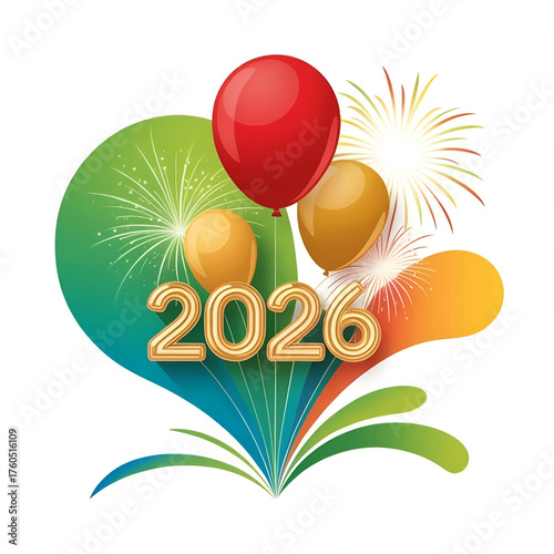 Sparkling 2026 New Year s Eve celebration with golden 3D numbers and vibrant balloons on a festive