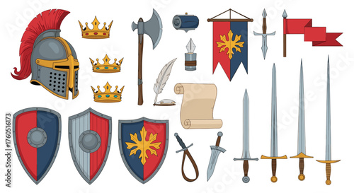 Collection of medieval and fantasy battle equipment and symbols.