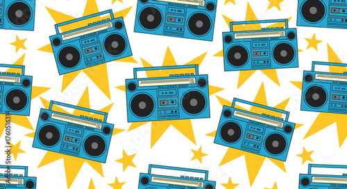 Retro boombox and starburst pattern for graphic design.