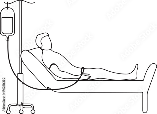 Patient receiving intravenous fluid therapy in hospital bed line drawing