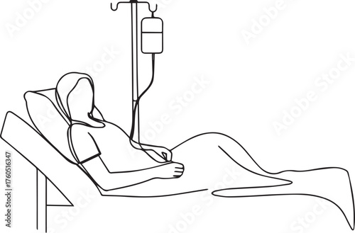 Patient receiving intravenous fluid therapy in hospital bed line drawing