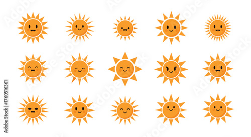 Collection of cute cartoon sun characters with various facial expressions.
