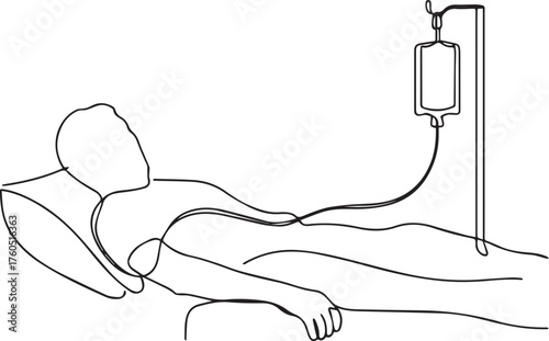 Patient receiving intravenous fluid therapy in hospital bed line drawing
