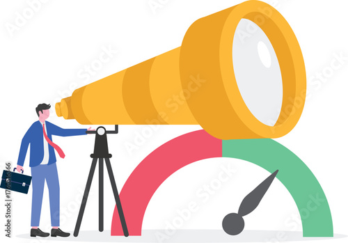 A businessman looks through a telescope from atop a barometer,
