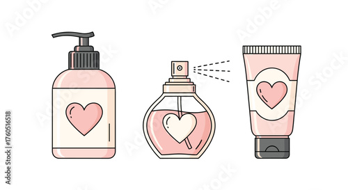 Three bottles and tubes of cosmetic products with pink hearts.