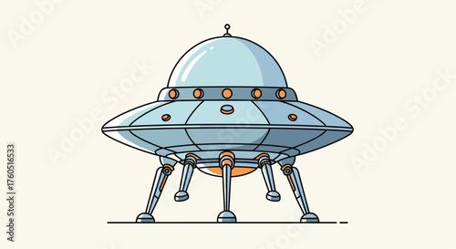 A vintage style alien spaceship with four landing legs is depicted on a light beige background.