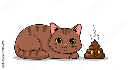A cute tabby cat looks at a pile of poop emoji