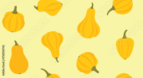 A repeating pattern of bright yellow gourds on a pale yellow background.