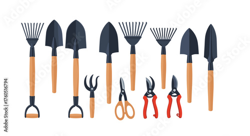 Various garden tools including spades rakes and pruning shears.