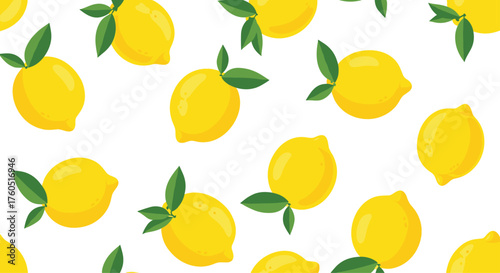 A bright and cheerful pattern of fresh yellow lemons with green leaves.