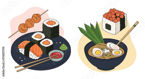 A delicious assortment of Japanese dishes including sushi and ramen.