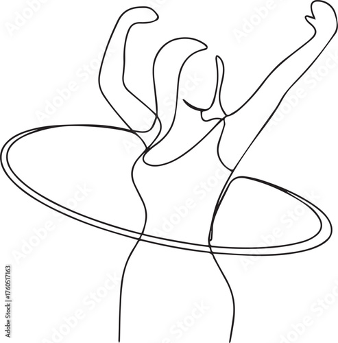 Continuous line drawing of a woman hula hooping with arms raised