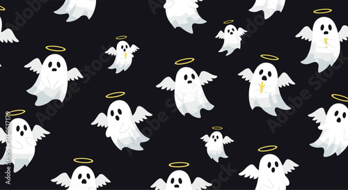A delightful pattern of pixelated white ghosts with halos floating on a dark background.