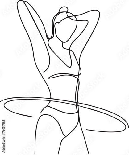 Continuous line drawing of a woman hula hooping with arms raised