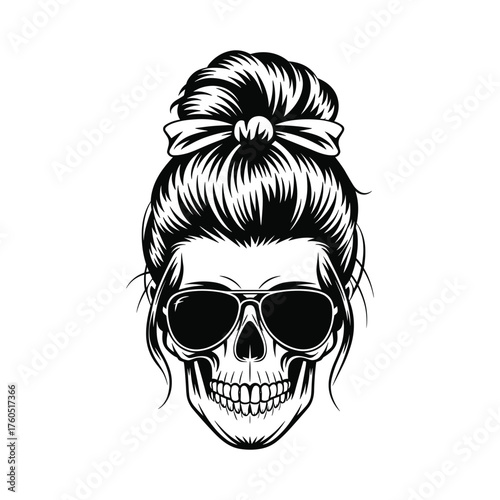 Stylish Skull with Sunglasses and Hair Bun Illustration