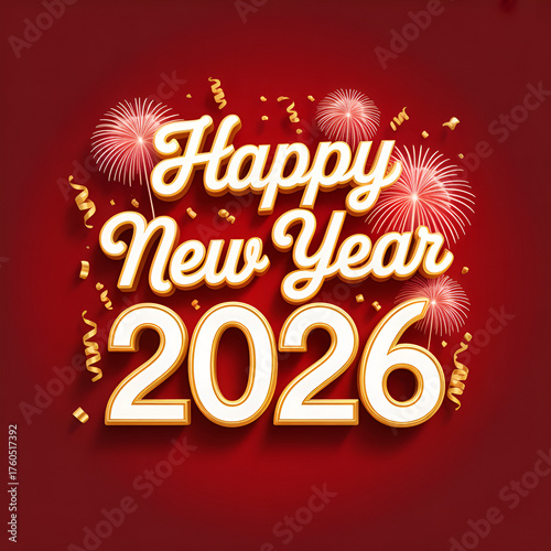Sparkling Happy New Year 2026 celebration with golden confetti and brilliant fireworks on a rich red