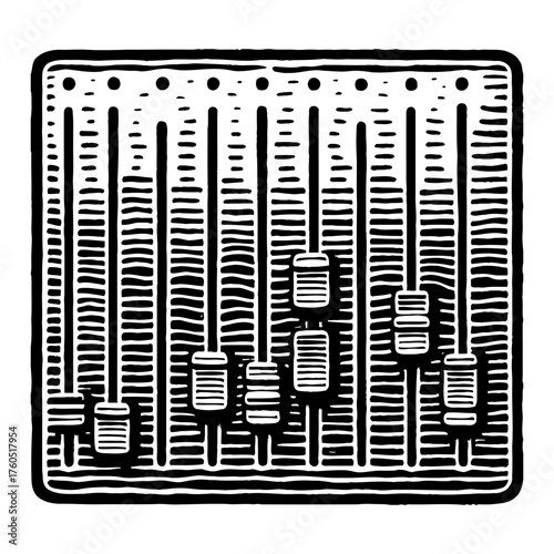 Vintage Audio Mixer Equalizer Faders Control Panel Music Sound Studio Equipment Black and White Outline Line Art Drawing