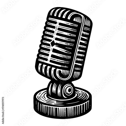 Vintage Studio Microphone Retro Black and White Outline Line Art Drawing for Sound Recording Equipment