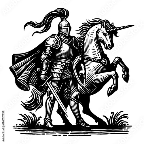 Mighty Knight in Armor with Sword Standing Beside Rearing Unicorn Black and White Outline Line Art Drawing Medieval Fantasy